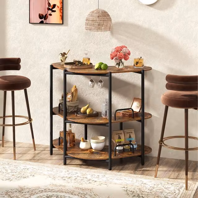 COSTWAY 3-Tier Corner Bar Table in Brown Industrial Wood and Metal