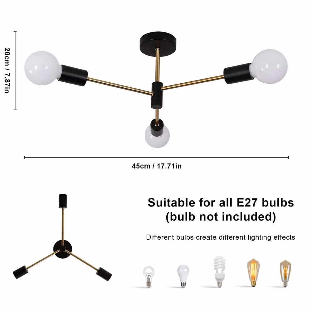 Pheashine Modern Sputnik Ceiling Light, Industrial Metal Chandelier with E27 Socket in Black and Gold/Brass – 2