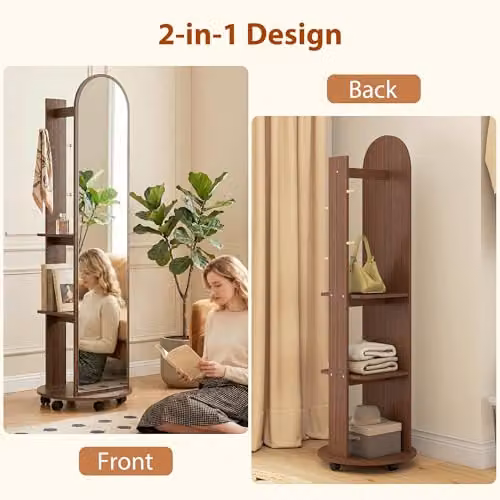 HOMCOM 2-in-1 Full Length Mirror with Storage Shelves in Brown Wood Effect – 3