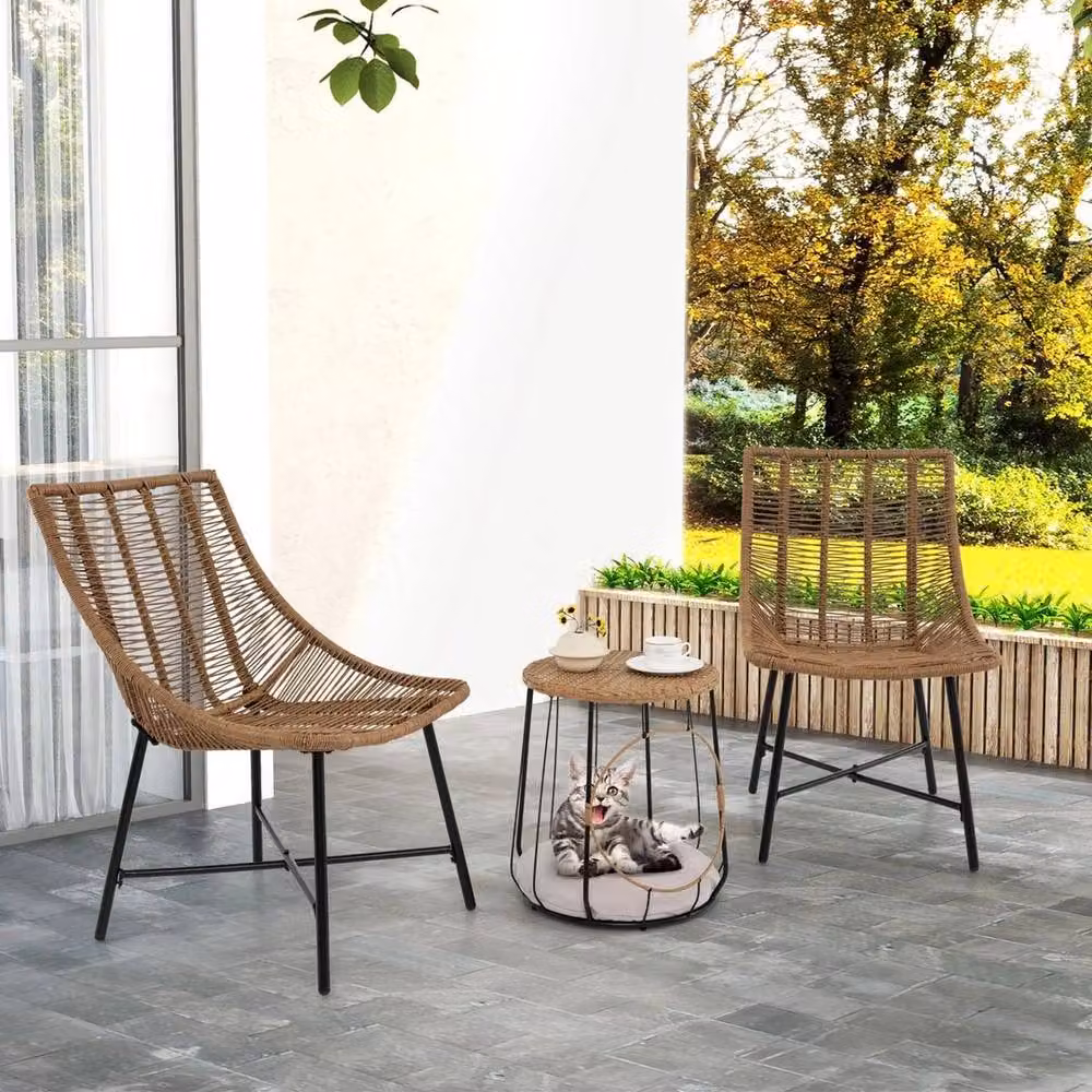 VOGREX Brown 3 Piece Rattan Outdoor Furniture Set with Pet House – 2