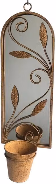 Nordara Rusty Metal Arched Garden Mirror with Floral Planter Pot in Brown, H 100 cm x W 15 cm – 1