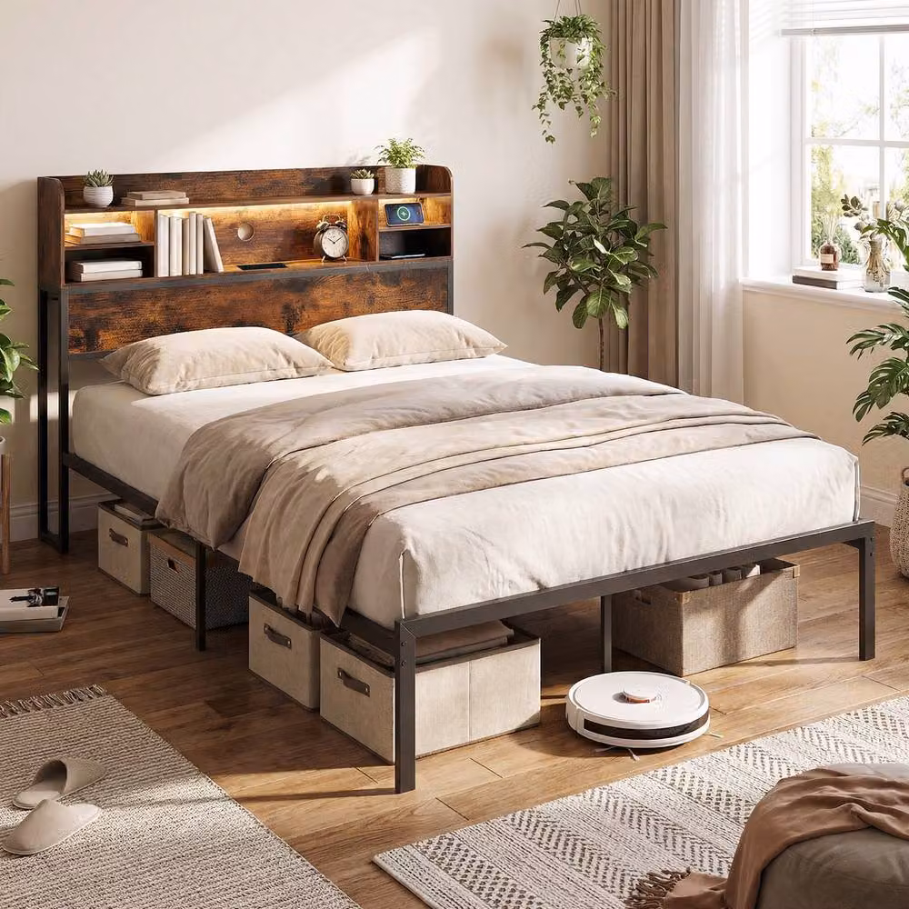 Costway King Size Metal Bed Frame in Brown with LED Lights, USB Charging Port and Side Compartments, W/D/H: 180 x 200 cm – 4