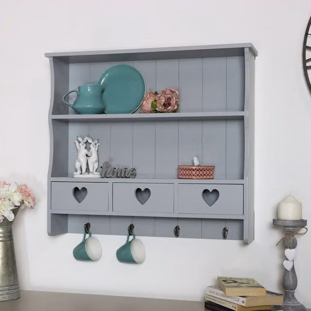 Melody Maison Large Grey Wood Wall Shelf with Heart Drawer Storage – 1
