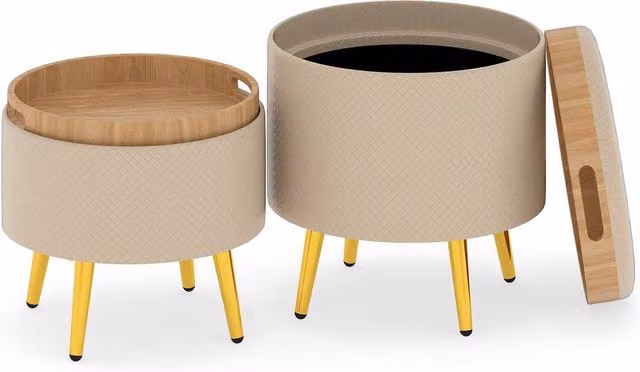 Gymax Set of 2 Beige Synthetic Leather Storage Ottomans with Flip Top Trays and Metal Legs