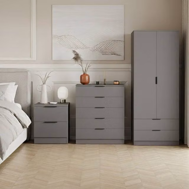 HD Designs Trega 3 Piece Grey Bedroom Set Including Wardrobe, 5 Drawer Chest and 2 Bedside Tables