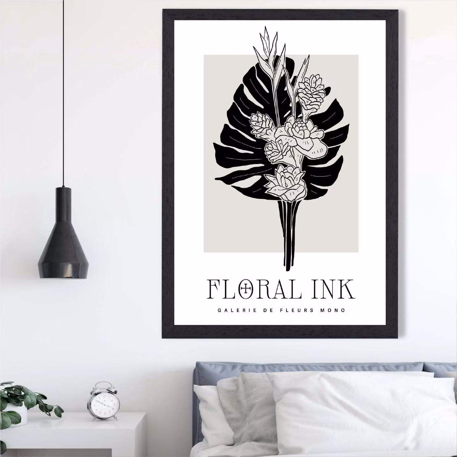 ARTZE Tropical Bouquet Black and Beige Floral Ink Sketch Framed Print, A3 – 2