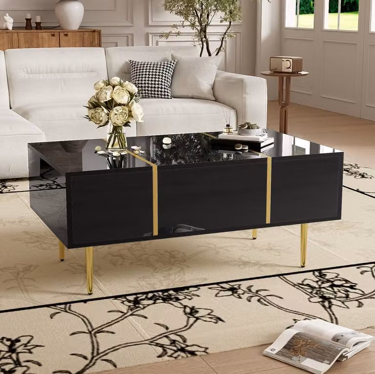STILVORA Modern Black High-Gloss Coffee Table with 2 Drawers and Drop Leaf Design, W: 60 cm, D: 60 cm, H: 41.5 cm