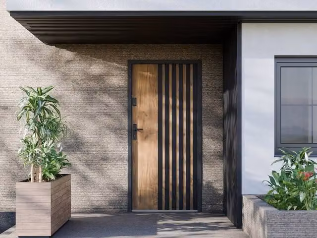 Vente-unique Modern Full Steel Front Door in Light Oak Effect with Black Stripes, H: 207 cm, W: 100 cm – 1