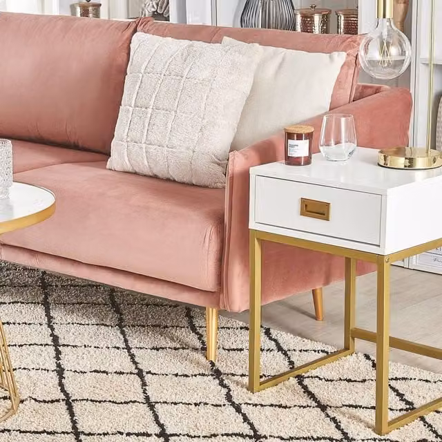 Wyld and Coco White and Gold Side Table with Drawer, W: 40 cm, D: 40 cm, H: 57 cm