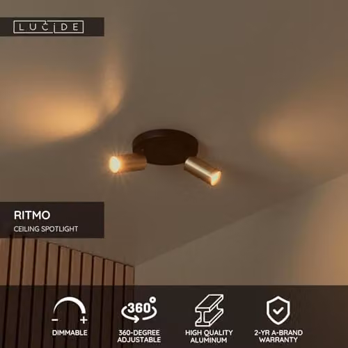 Lucide Ritmo Adjustable Ceiling Spotlight in Matt Gold/Brass, Diameter: 15 cm, 2xGU10 – 2