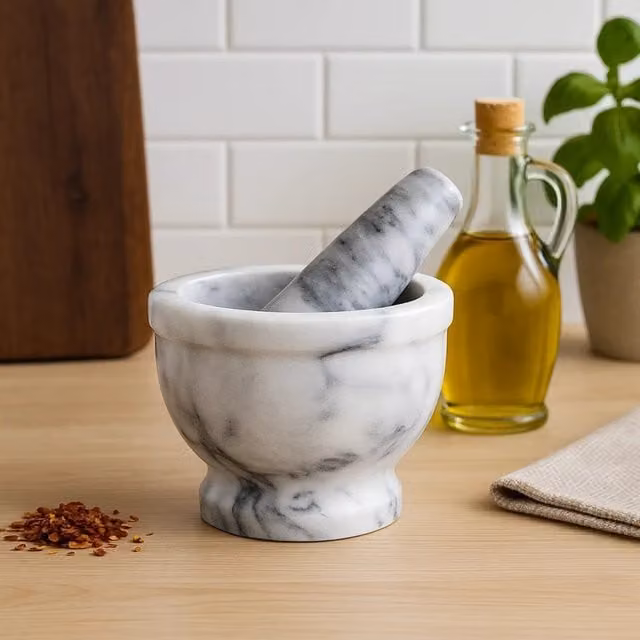 Orsina Grey Marble Mortar and Pestle with Rim, Natural Stone Grinder – 1