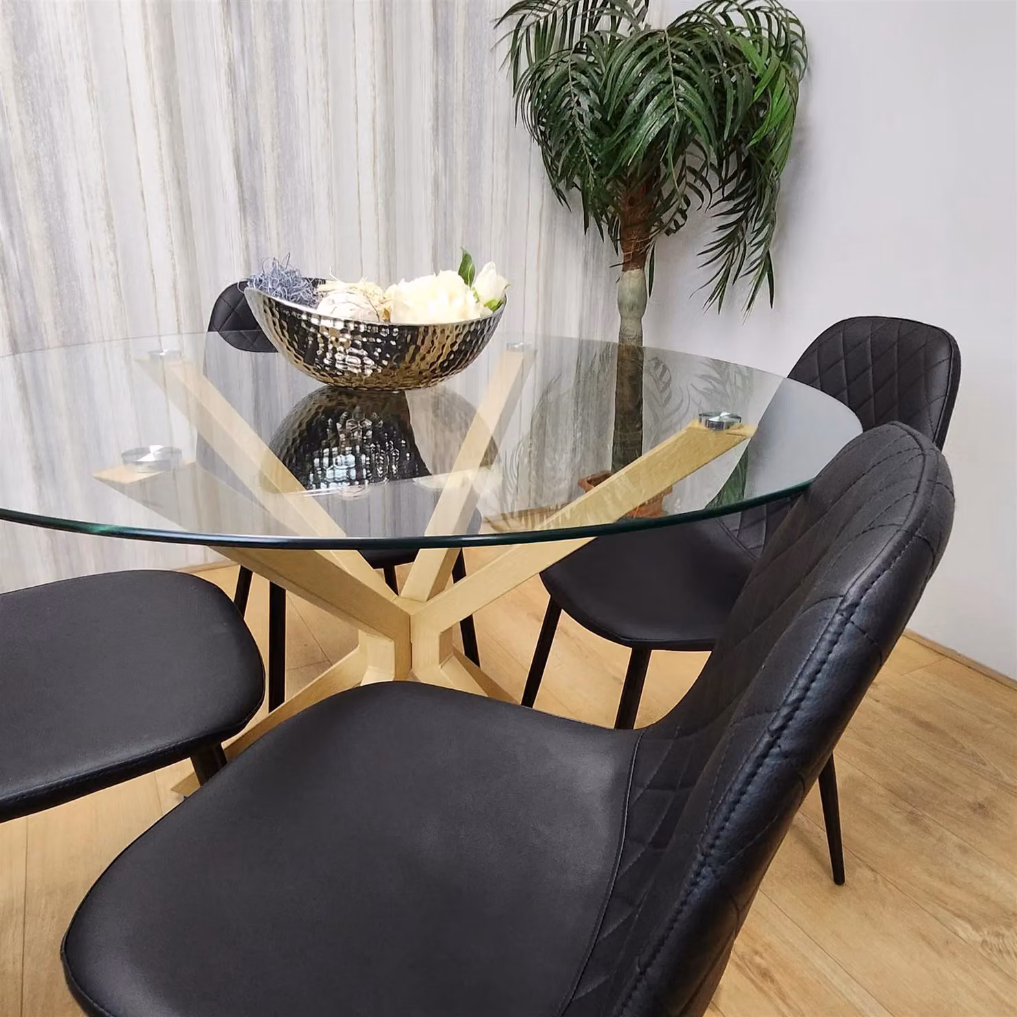 Kosy Koala Round Glass Dining Table Set with 4 Black Gem Pattern Chairs in Clear and Black – 6