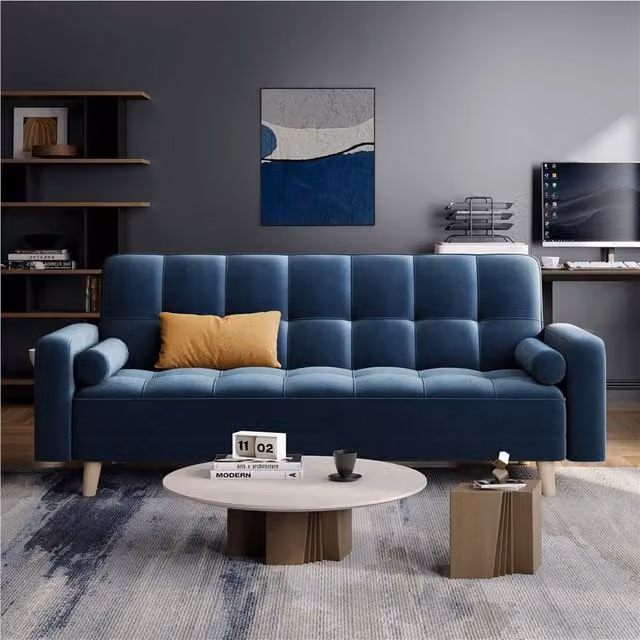 Yaheetech Blue Velvet Upholstered Convertible Click-Clack Sofa Bed with Solid Wood Frame
