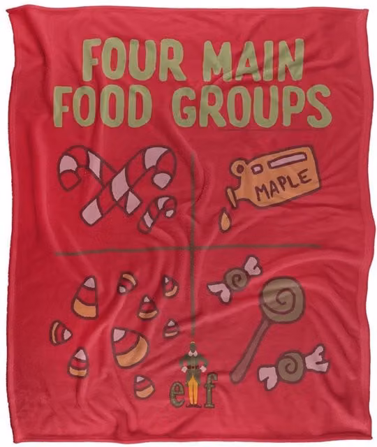 Warner Brothers Elf Four Food Groups Super Soft Fluffy Throw Blanket in White and Red, W: 152 cm, D: 127 cm