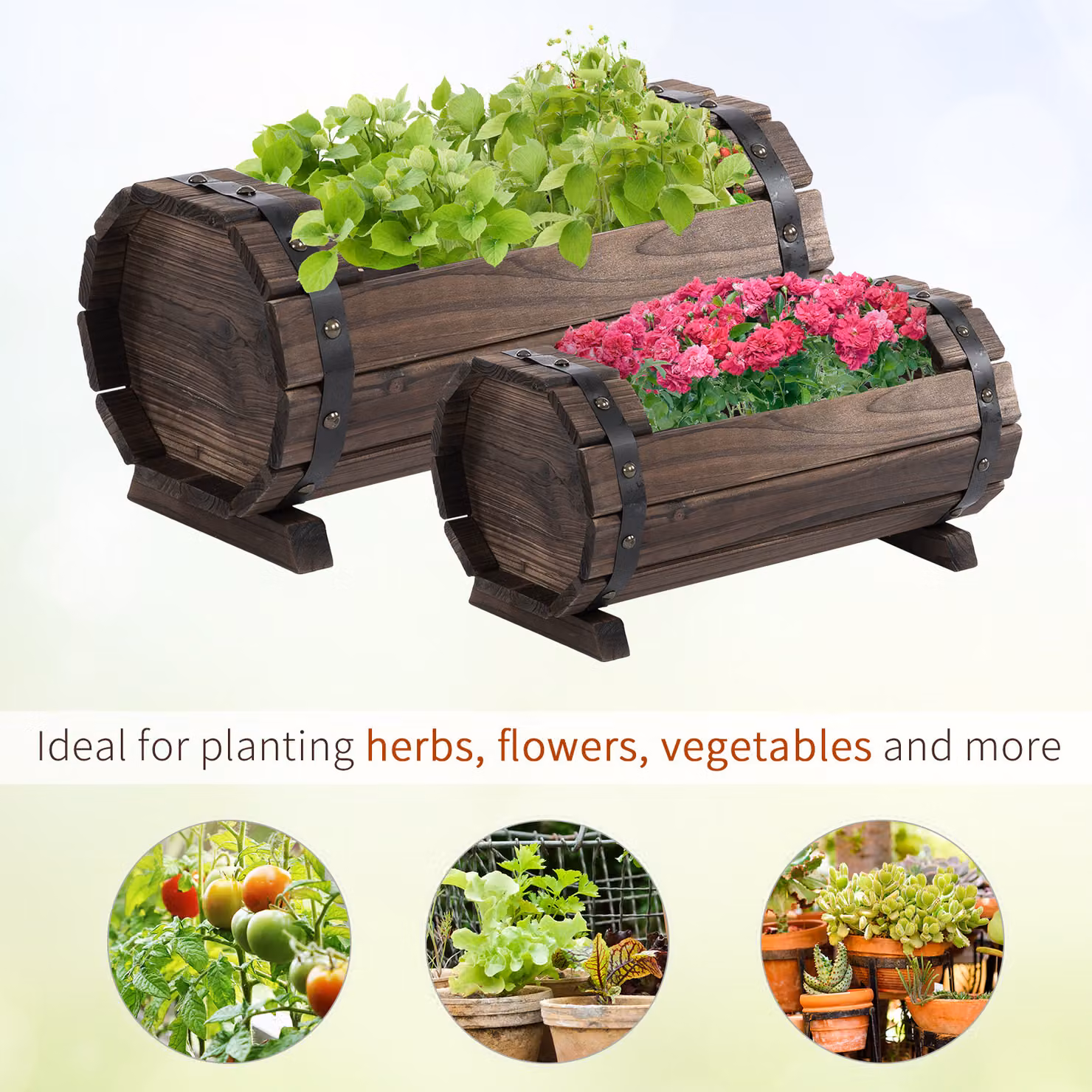 Outsunny Set of 2 Brown Wooden Planter Tubs for Indoor and Outdoor Floral Displays – 4