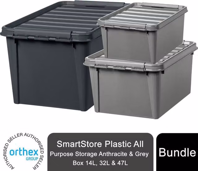 SmartStore 3 Pack Stackable Plastic All Purpose Storage Boxes with Lids, Grey, 14L, 32L and 47L