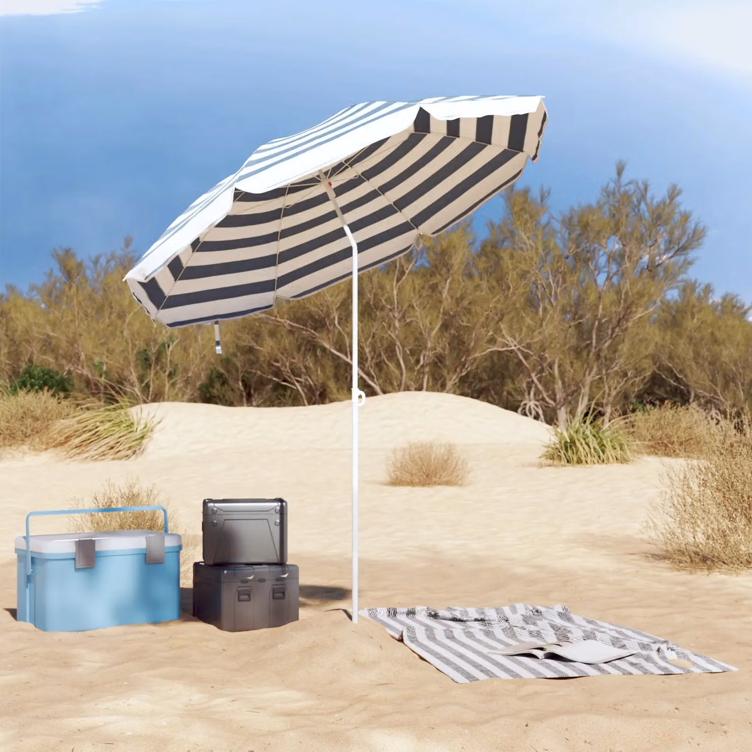 Berkfield Home Blue and White Striped Maritime Beach Parasol with Metal Pole, W: 161 cm, D: 193 cm – 3