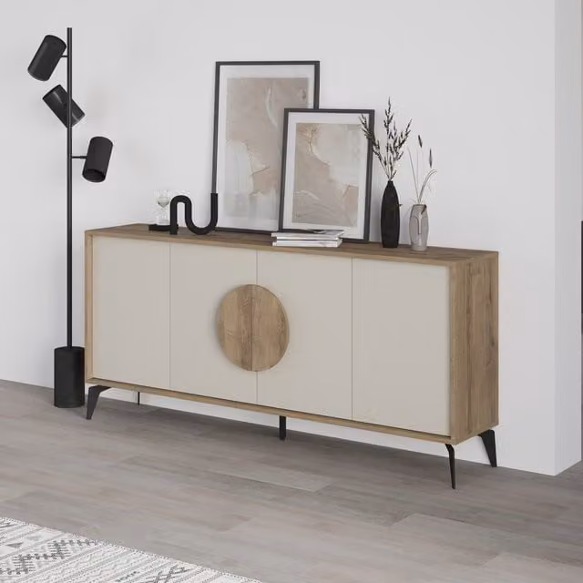 Decortie Gora 4 Door Modern Sideboard Storage Cabinet in Sand Beige with Metal Legs