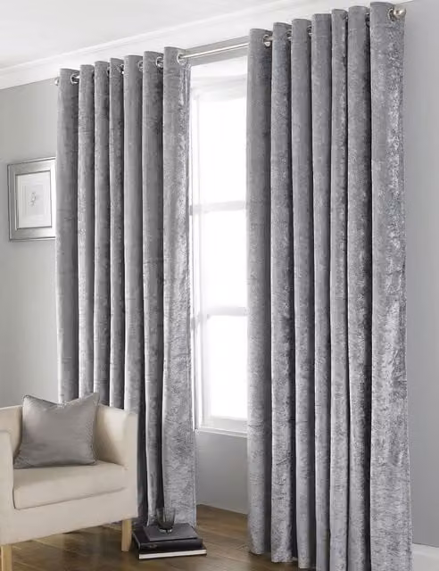 HomeSpace Direct Euphoria Grey Crushed Velvet Blackout Eyelet Curtains, W: 229 cm, H: 229 cm