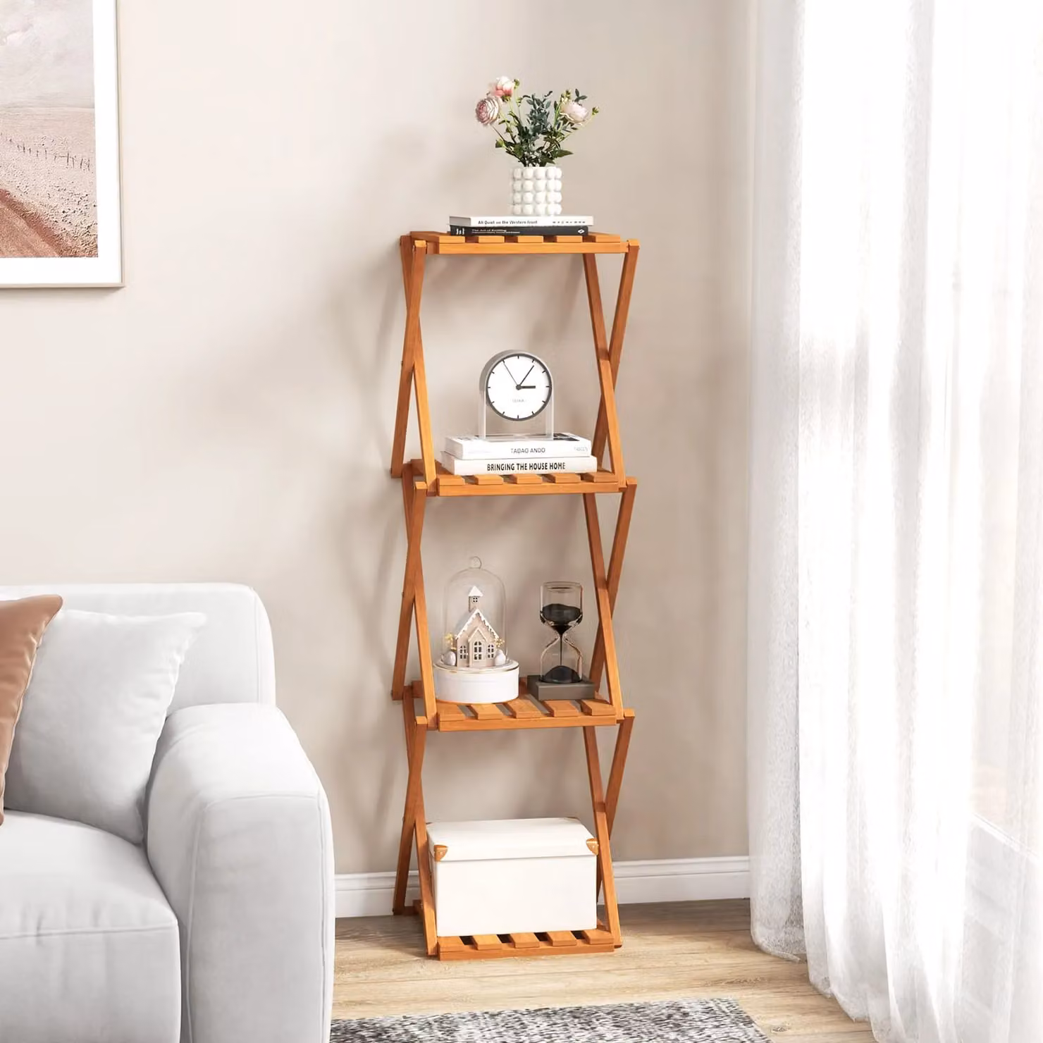 Costway 4-Tier Folding Plant and Shoe Rack with Natural Oiled Wood Frame in Brown – 2