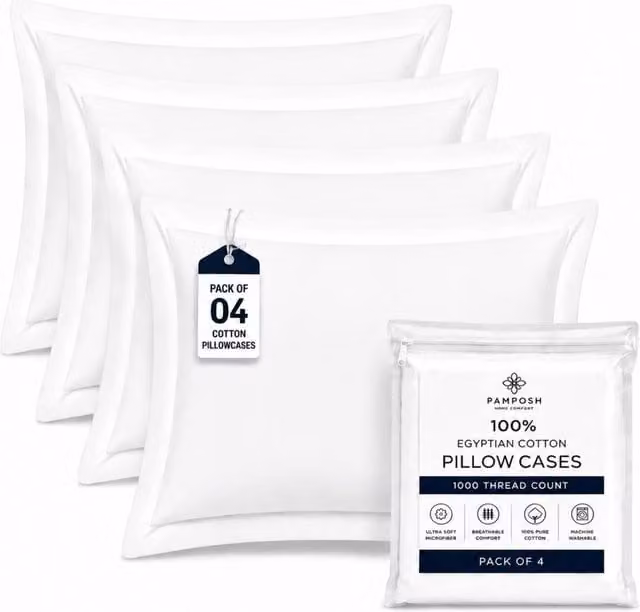 Grace Luxury 1000 TC Egyptian Cotton Oxford Pillowcases, 4 Pack, White