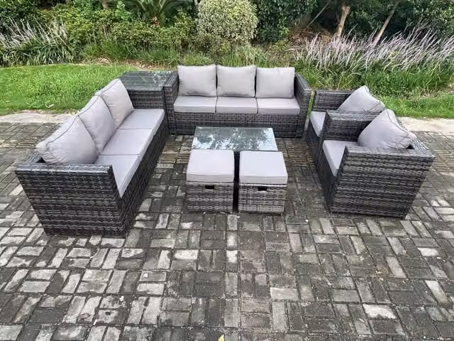 Fimous Outdoor Lounge Sofa Set in Dark Grey PE Rattan with 2 Armchairs, Oblong Coffee Table and Side Table – 1