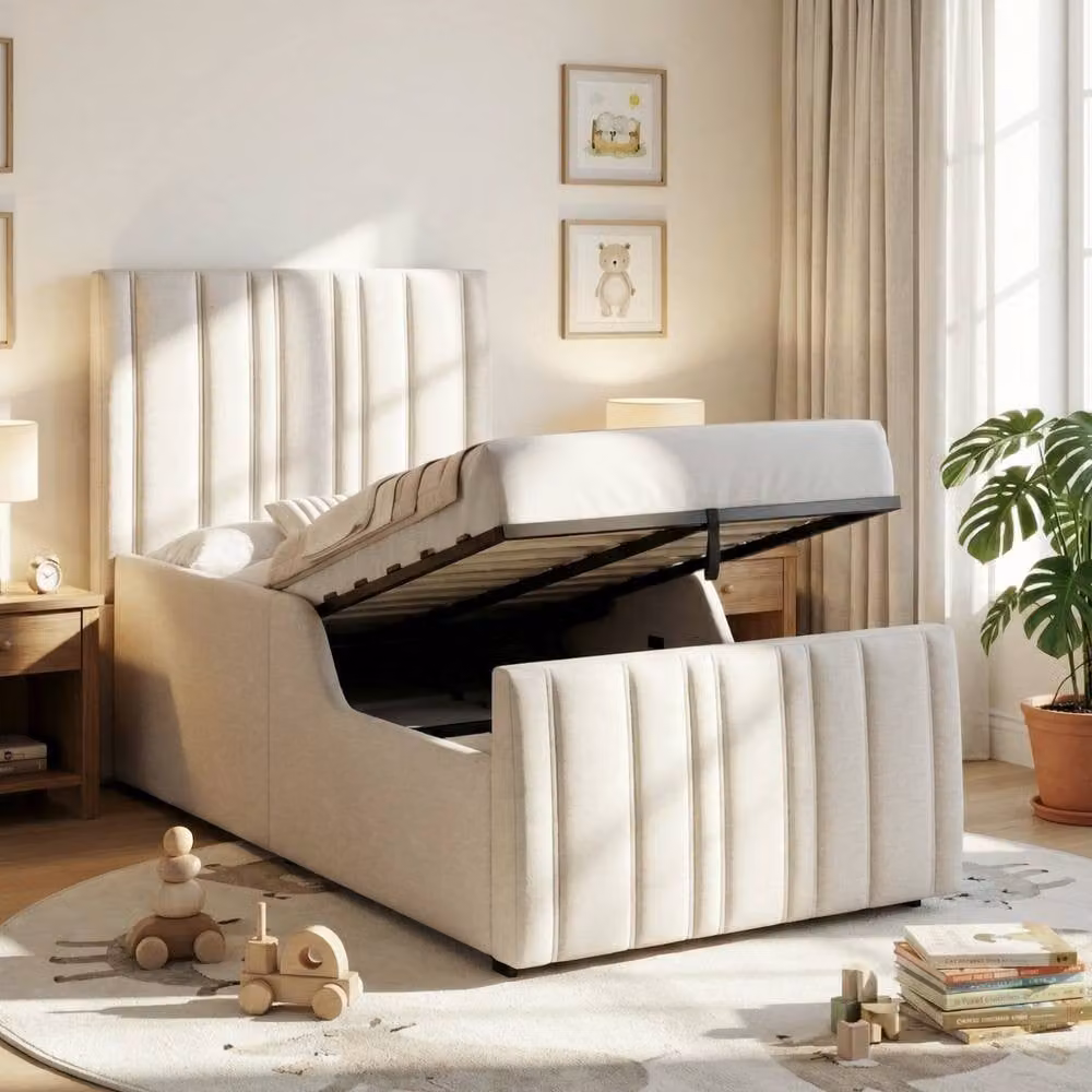 Merax 3ft Single Linen Upholstered Ottoman Storage Bed Frame in Beige, W/D/H: 90 x 190 cm – 2