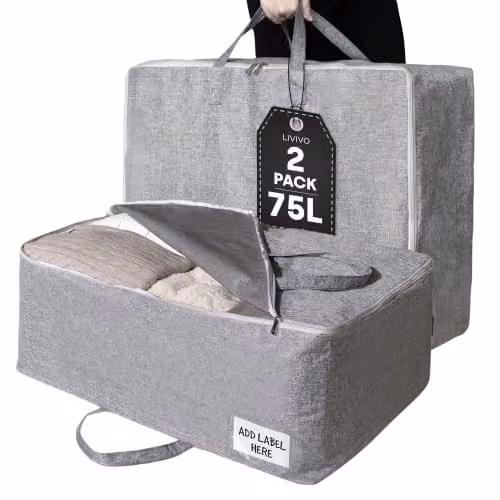 LIVIVO Set of 2 Grey 75L Fabric Clothes and Duvet Storage Bags with Handles, Foldable Underbed Storage Solution