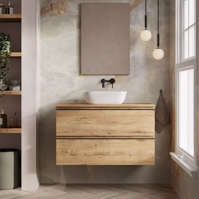 Banyetti Vatilla Wall Hung Vanity Unit with Matching Worktop in Ostippo Light Oak, W: 100 cm, D: 45 cm, H: 59 cm – 1