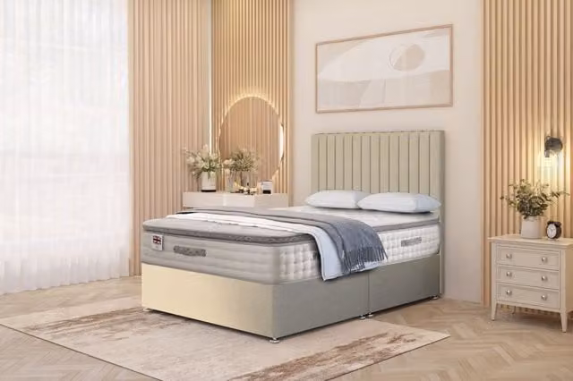 Somnior Eleanor Linen Divan Bed Set with Pillowtop Hybrid Mattress and Headboard in Beige, W/D/H: 90 x 190 cm
