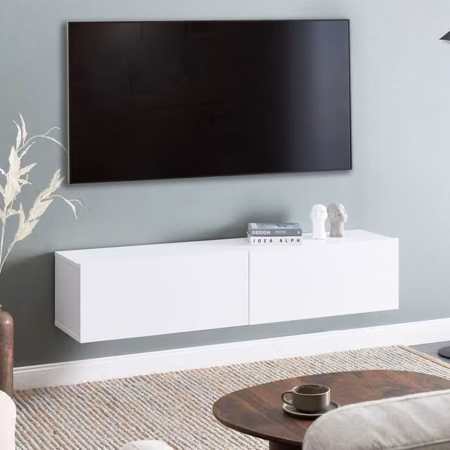 Wyld and Coco White Glossy Wall-Mounted TV Stand with 2 Cabinets and Internal Shelves