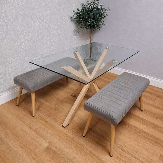 Kosy Koala 4 Seater Rectangular Glass Dining Table Set with 2 Grey Benches