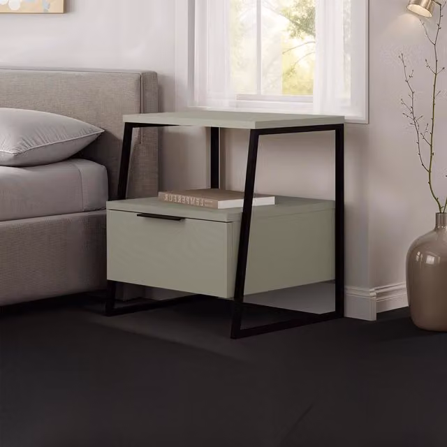 FWStyle Ash Green 1 Door Bedside Table with Black Metal Frame