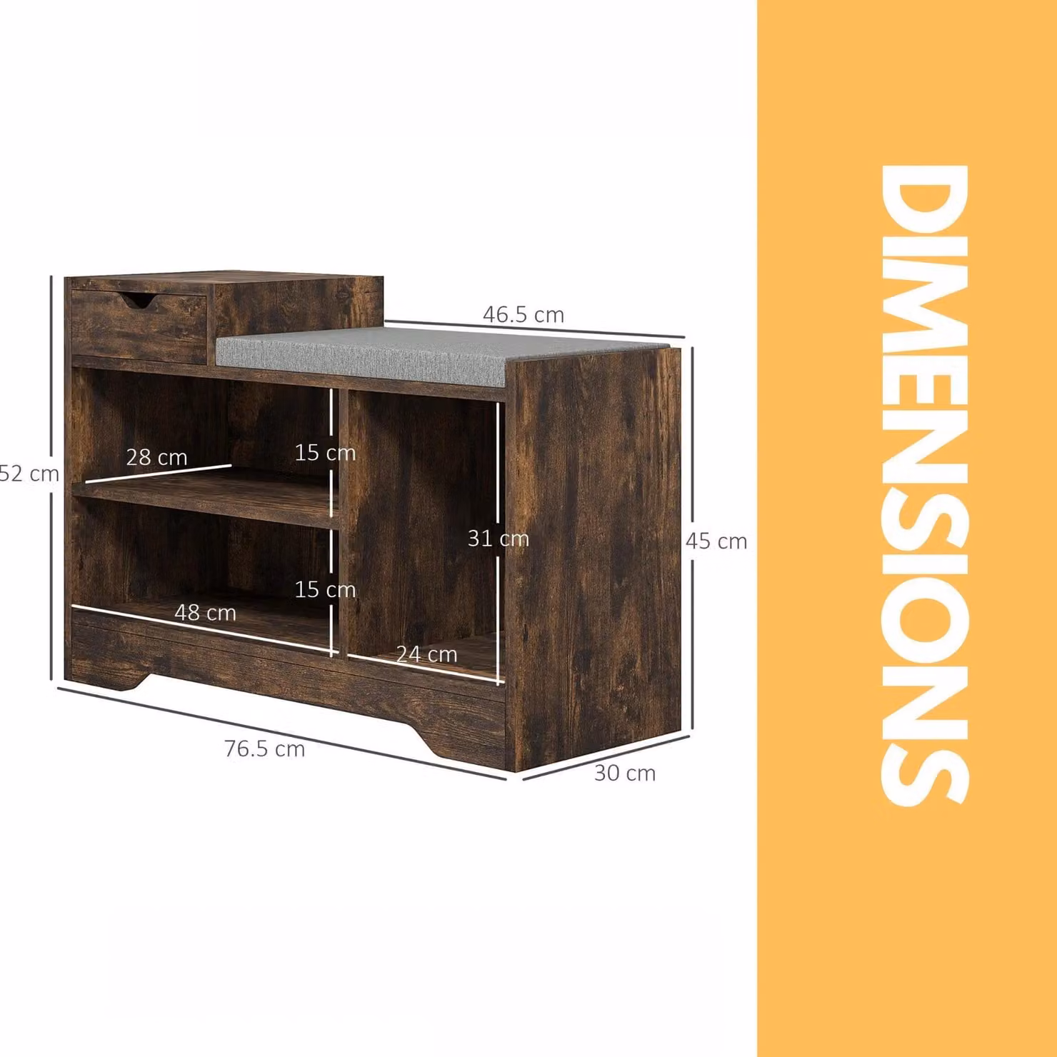 Pirlo Plush Industrial Shoe Storage Bench in Brown with 3 Open Shelves, W/D/H: 135 x 30 x 52 cm – 3