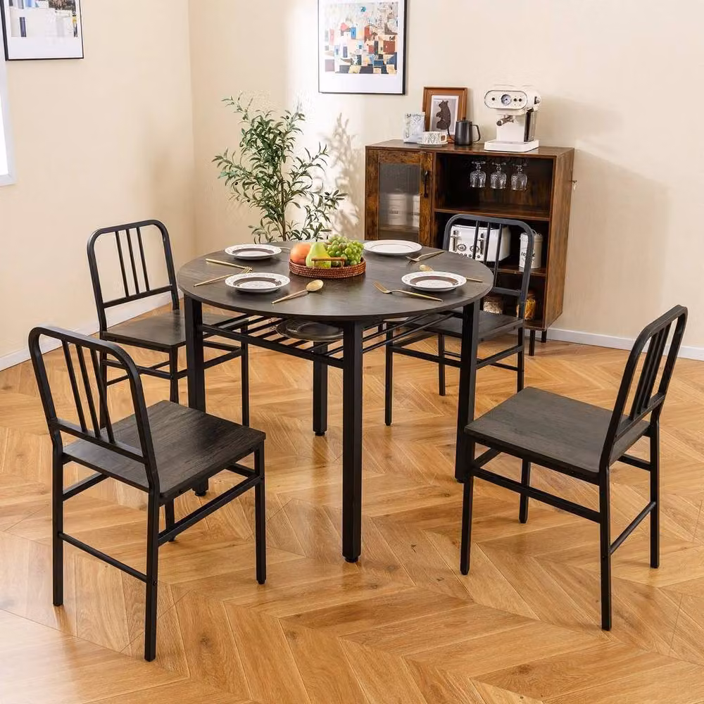 Hinsinc 5-Piece Round Dining Table Set with 4 Chairs in Grey and Black – 3