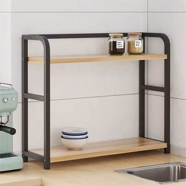 Nordara 2 Tier Wooden Spice Rack Organizer in Black, W: 50 cm, H: 42 cm, D: 1 cm