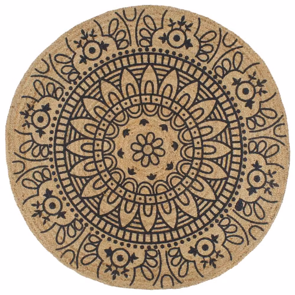 Berkfield Home Handmade Braided Jute Round Rug with Dark Blue Print in Brown, Diameter: 100 cm – 2