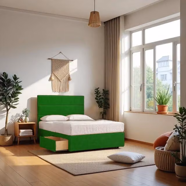 Knight Sleep York Princess Sprung Divan Bed with 4 Drawers and Headboard in Green Velvet, W/D/H: 200 x 200 cm