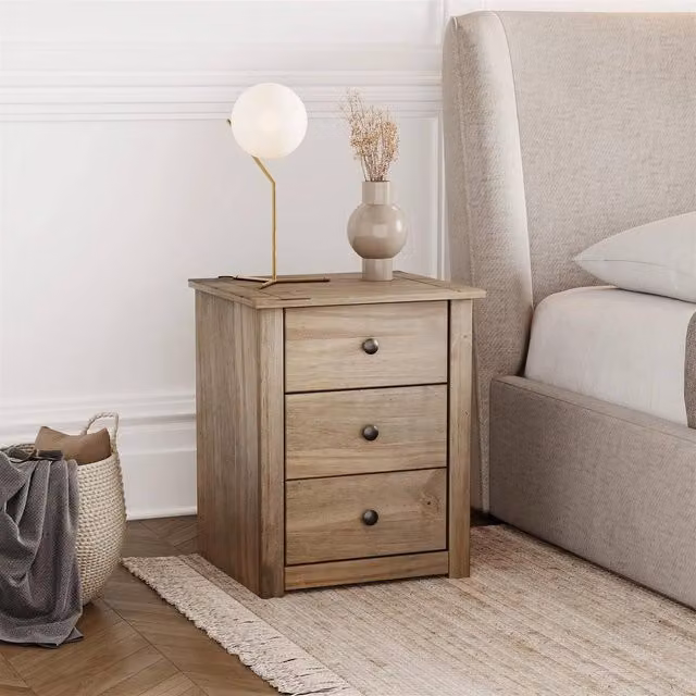 FORGEVIO Waxed Solid Pine 3 Drawer Bedside Chest Cabinet in Beige