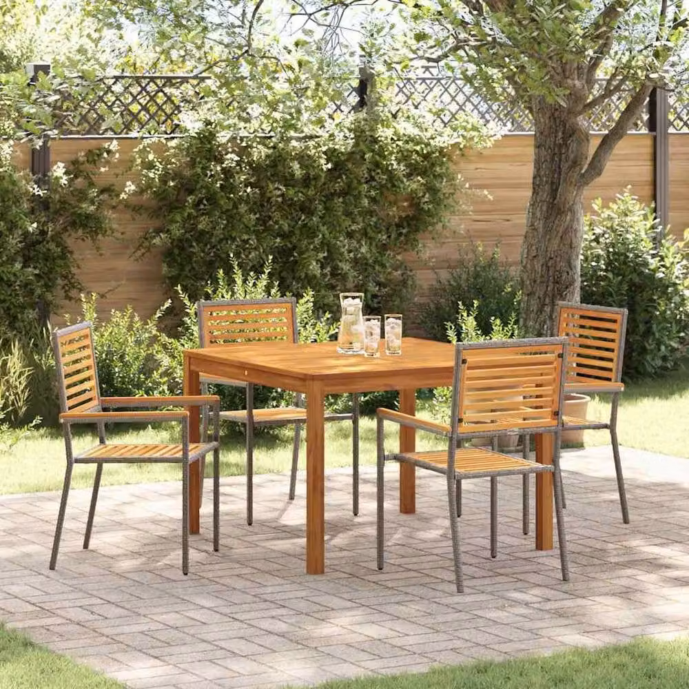 Berkfield Home 5 Piece Grey Poly Rattan and Acacia Wood Garden Dining Set – 2
