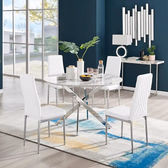 FurnitureboxUK Novara White Marble Effect Round Dining Table and 4 Milan Chrome Leg Chairs Set, White and Silver
