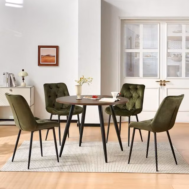 SONARA Modern Round Dining Table and 4 Green Velvet Chairs Set in Dark Walnut