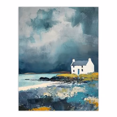 Artery8 Classic Scottish Lochside Cottage Unframed Oil Painting Paper Poster, Multicolour, W: 30.0 cm, H: 41.0 cm – 1