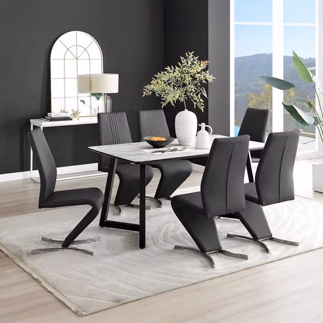 FurnitureboxUK Carson White Marble Effect Rectangular Dining Table and 6 Willow Chairs in Black – 1