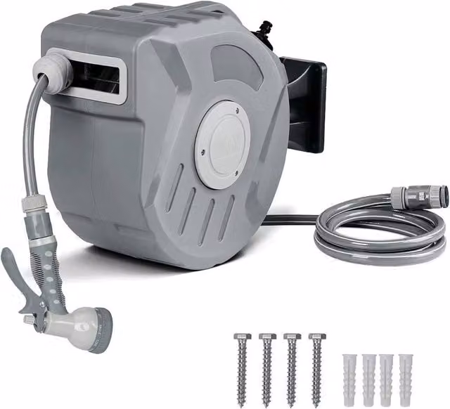 FLAVORA Auto Retractable Wall Mounted Water Hose Reel, 20m, Grey