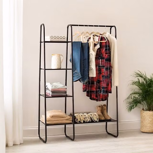 Livingandhome Matt Black Metal Freestanding 4-Shelf Coat Rack with Continuous Linear Hanging Rail