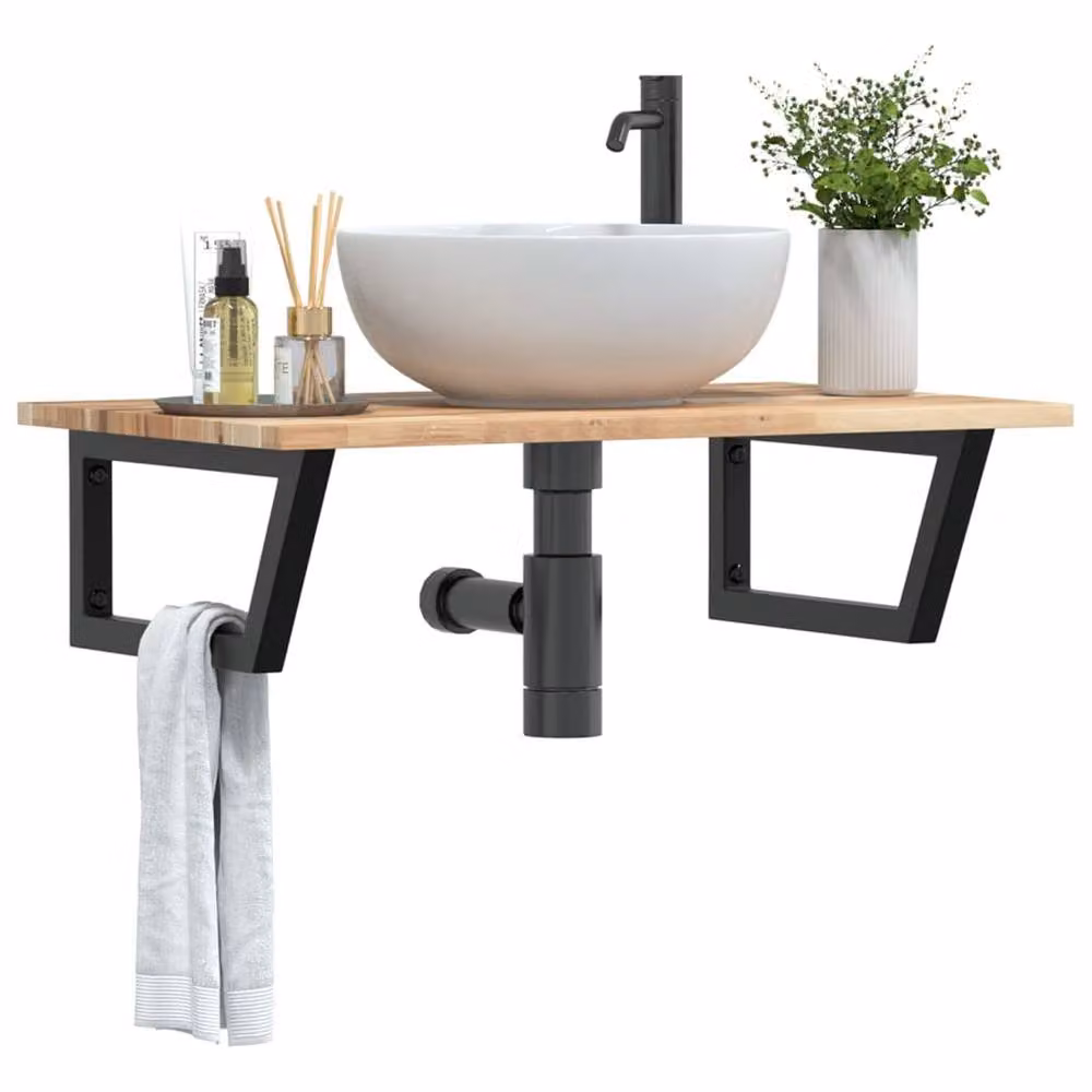 Berkfield Home Elegant Wall Mounted Basin Shelf in Brown Acacia Wood and Black Steel – 2
