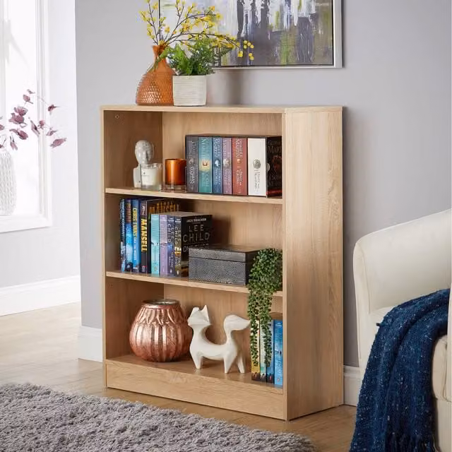 Home Source Clara Low Wide Storage Bookcase with Adjustable Shelves in Oak Effect Brown and White