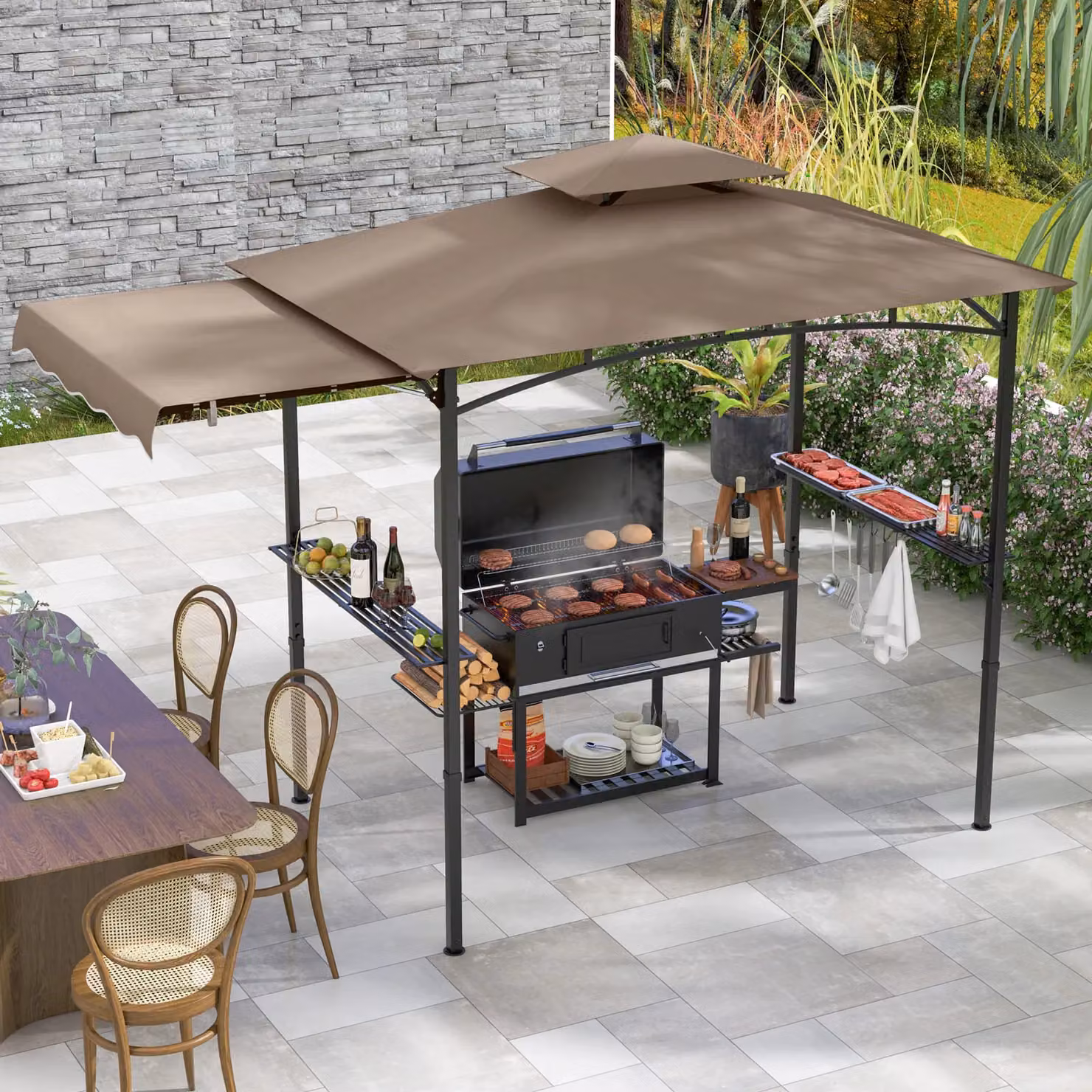 Costway Grill Gazebo Outdoor Barbecue Canopy Tent with Side Awning, Brown, W: 318 cm, D: 153 cm, H: 242 cm – 8