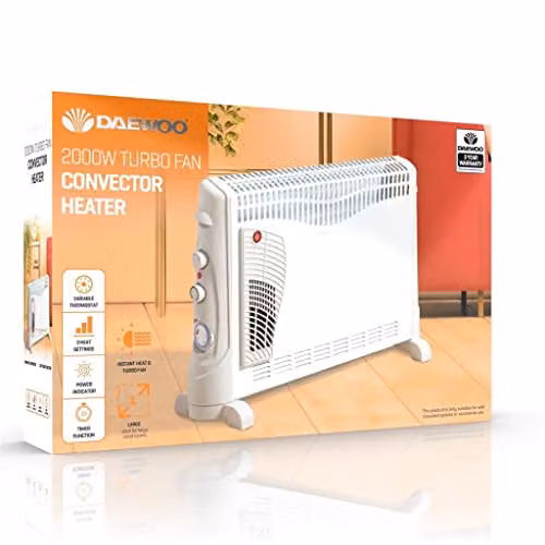 Daewoo 2000W White Freestanding Convector Heater with Thermostat and Timer